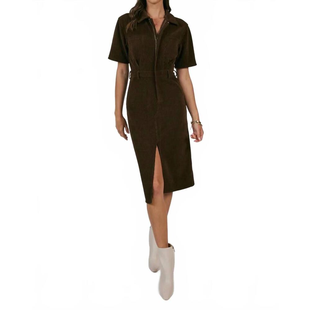 NEW SAGE THE LABEL paradox cord shirt midi dress in dark brown